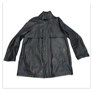 VTG Canali Italy Black Leather Car Coat Size 54 Missing Hood